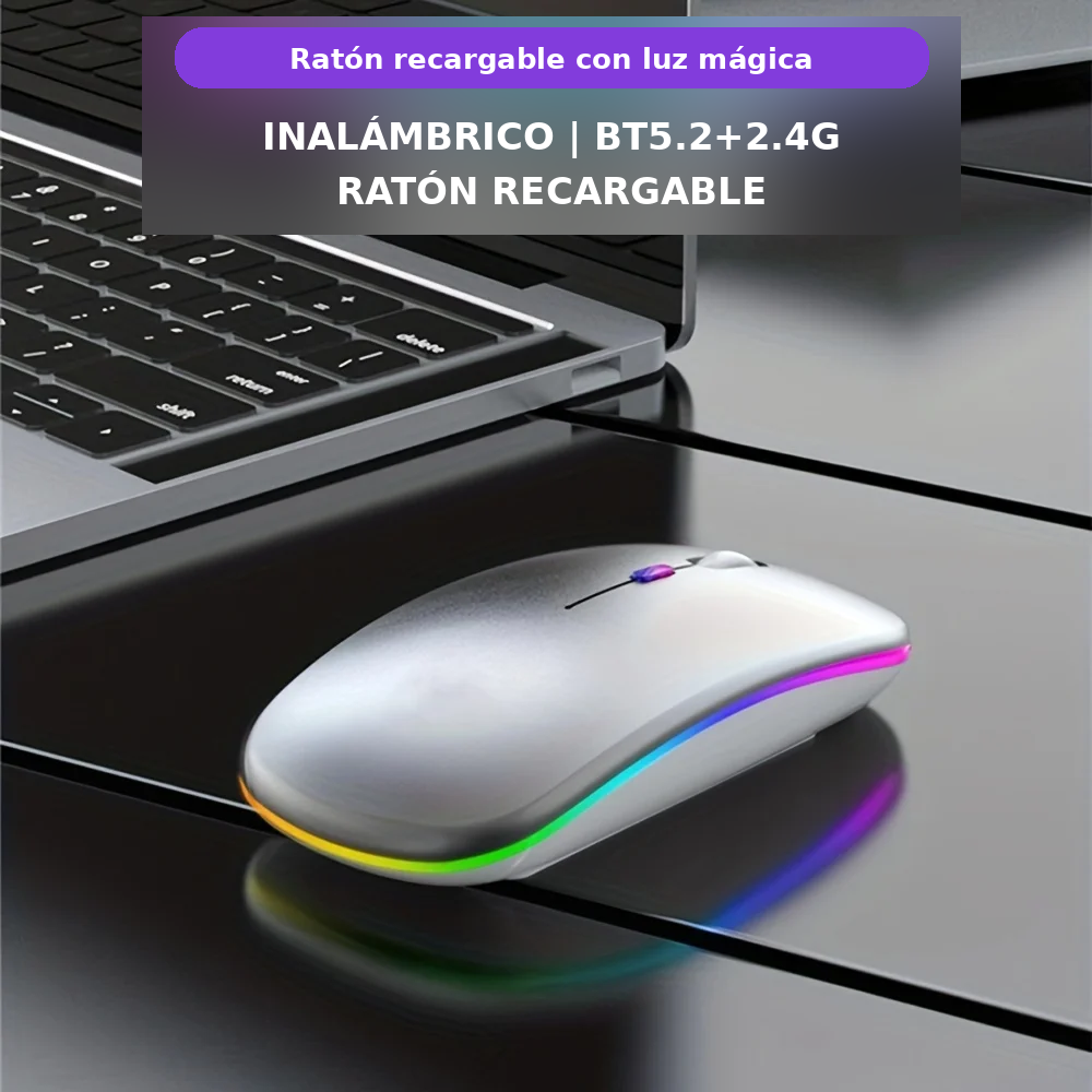 SilentClick Pro — Ratón Inalámbrico (2,4 GHz y Bluetooth) Recargable con Luz RGB 1600 DPI