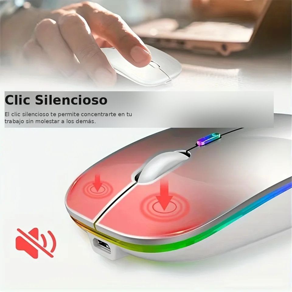 SilentClick Pro — Ratón Inalámbrico (2,4 GHz y Bluetooth) Recargable con Luz RGB 1600 DPI